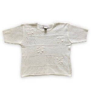 Vintage 80s 90s Gina Peters White Knit Short Sleeve Shirt Size 8 Cottagecore